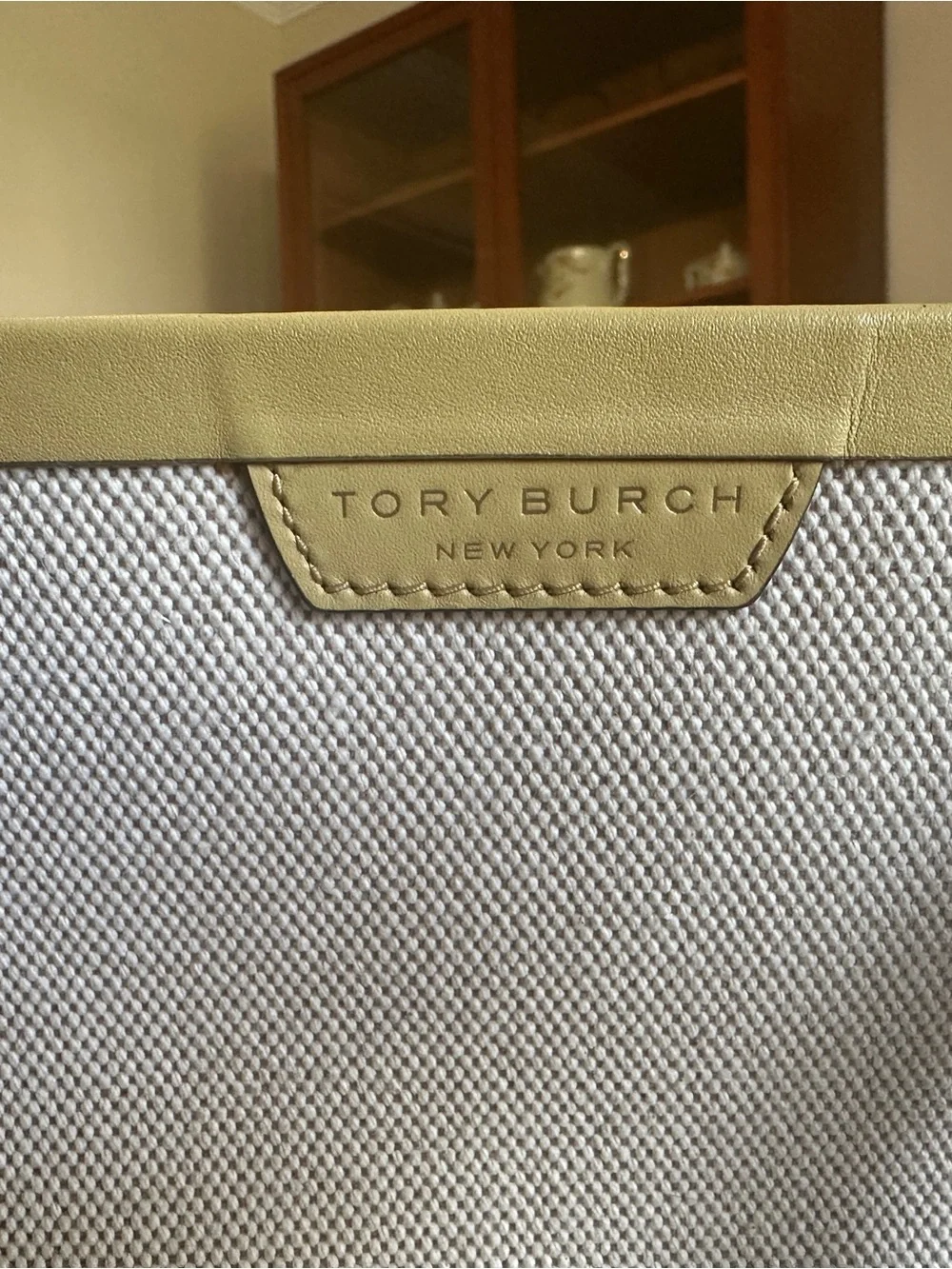Tory Burch Canvas Tote with Brown Leather Trim and Orange & Blue Accents